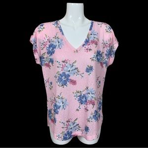 Bobeau Pink Floral V Neck High Low Hem Rolled Short Sleeve Knit Top Large